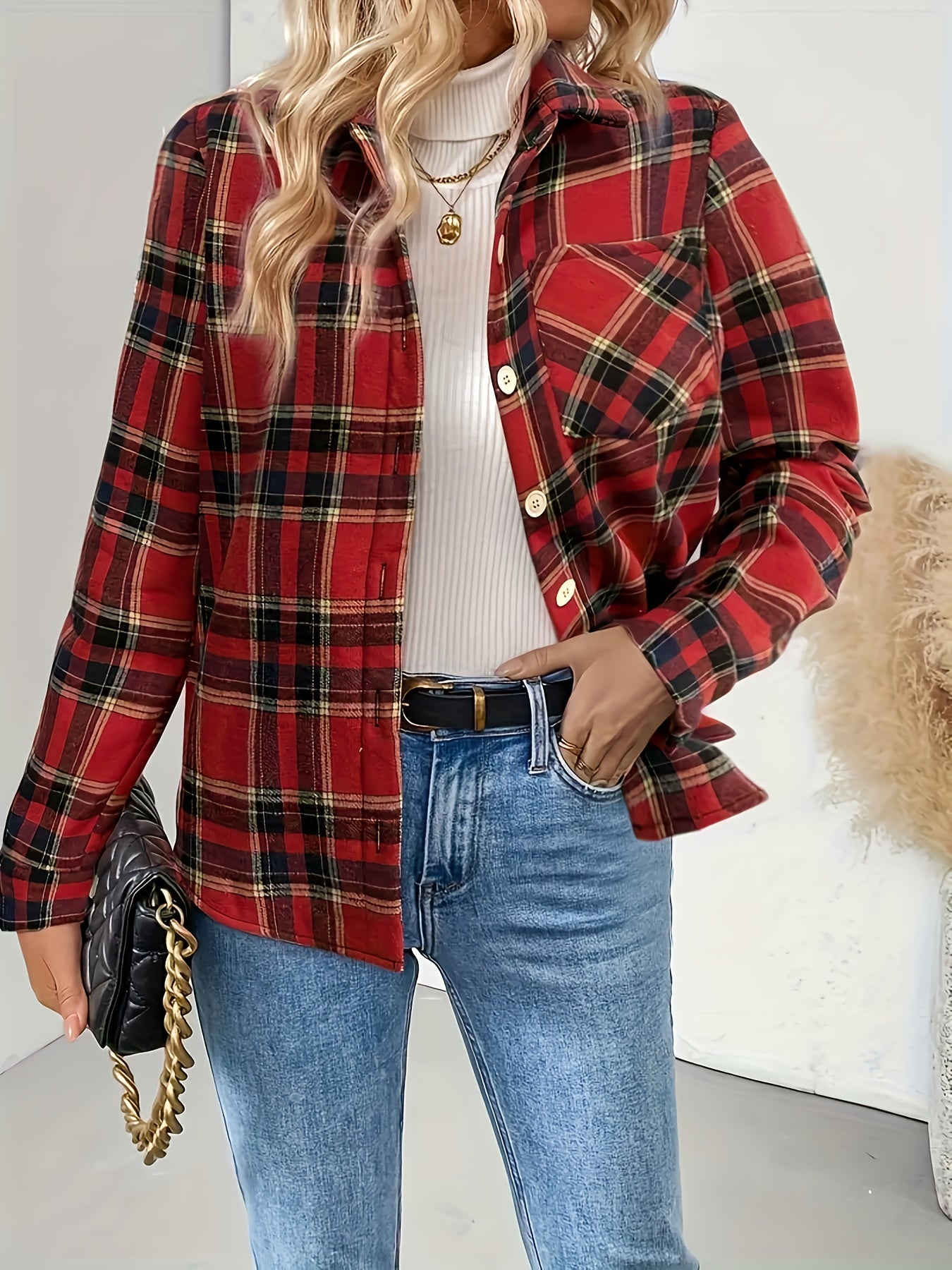 Women's green plaid shirt jacket with warm lining