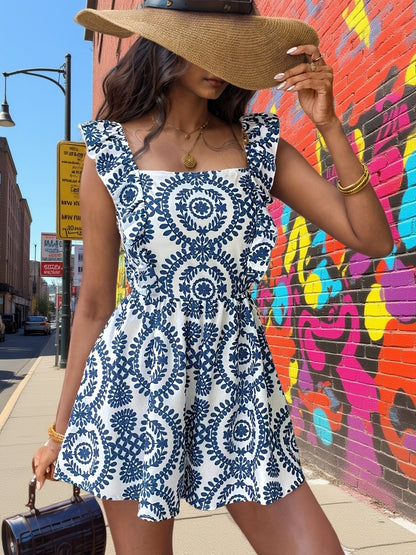 Women's summer jumpsuit in elegant tribal style with ruffle sleeves and square neckline