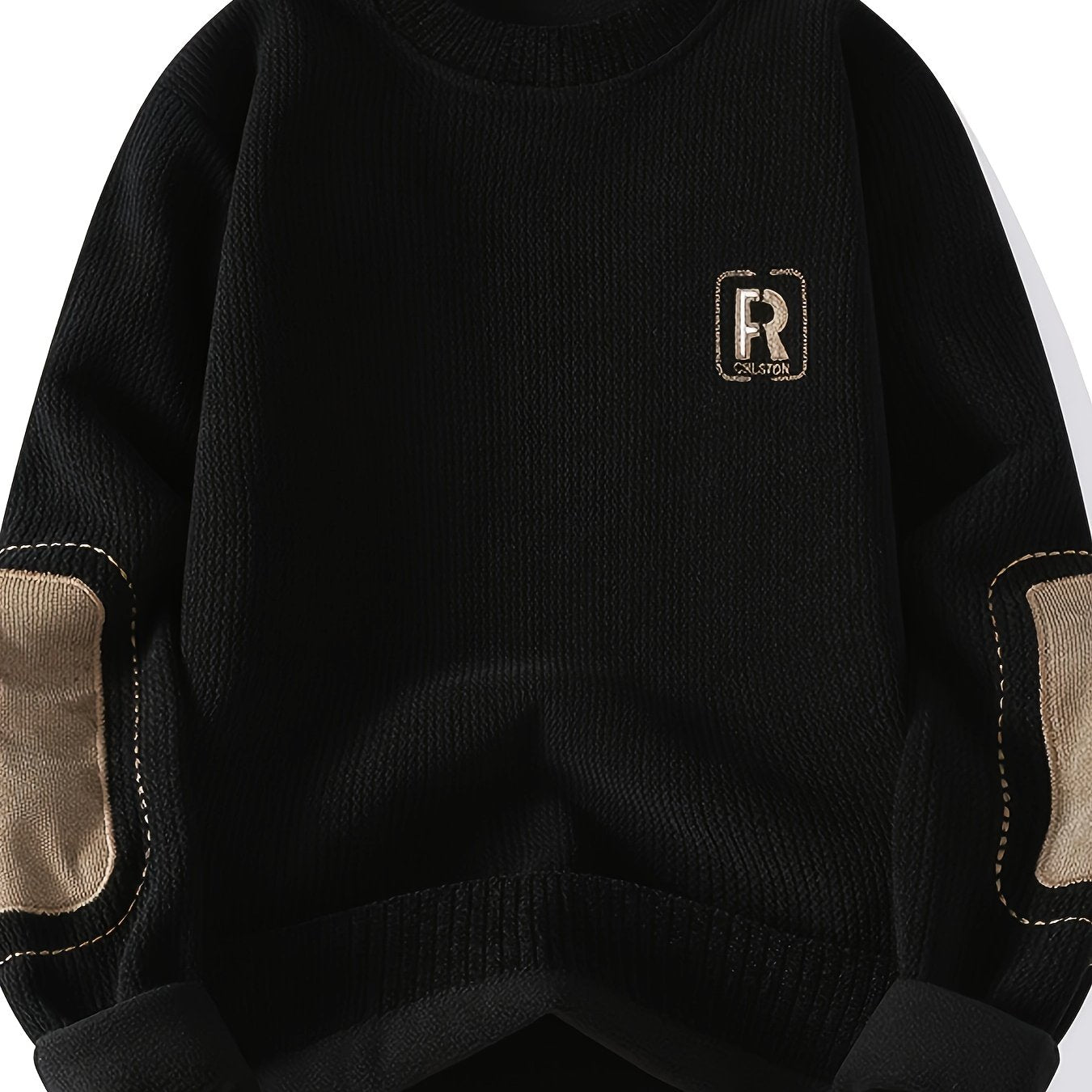 Unisex Langarm Pullover mit Ellbogen-Patches, Rundhalsausschnitt, gerippter Saum