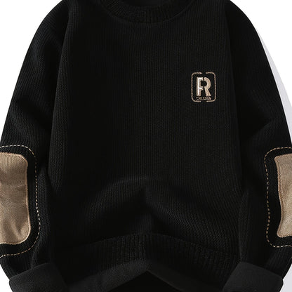 Unisex Langarm Pullover mit Ellbogen-Patches, Rundhalsausschnitt, gerippter Saum
