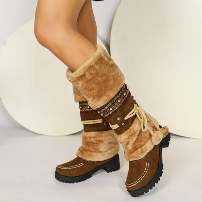 Women's brown winter boots with faux fur, decorative straps & pom-poms