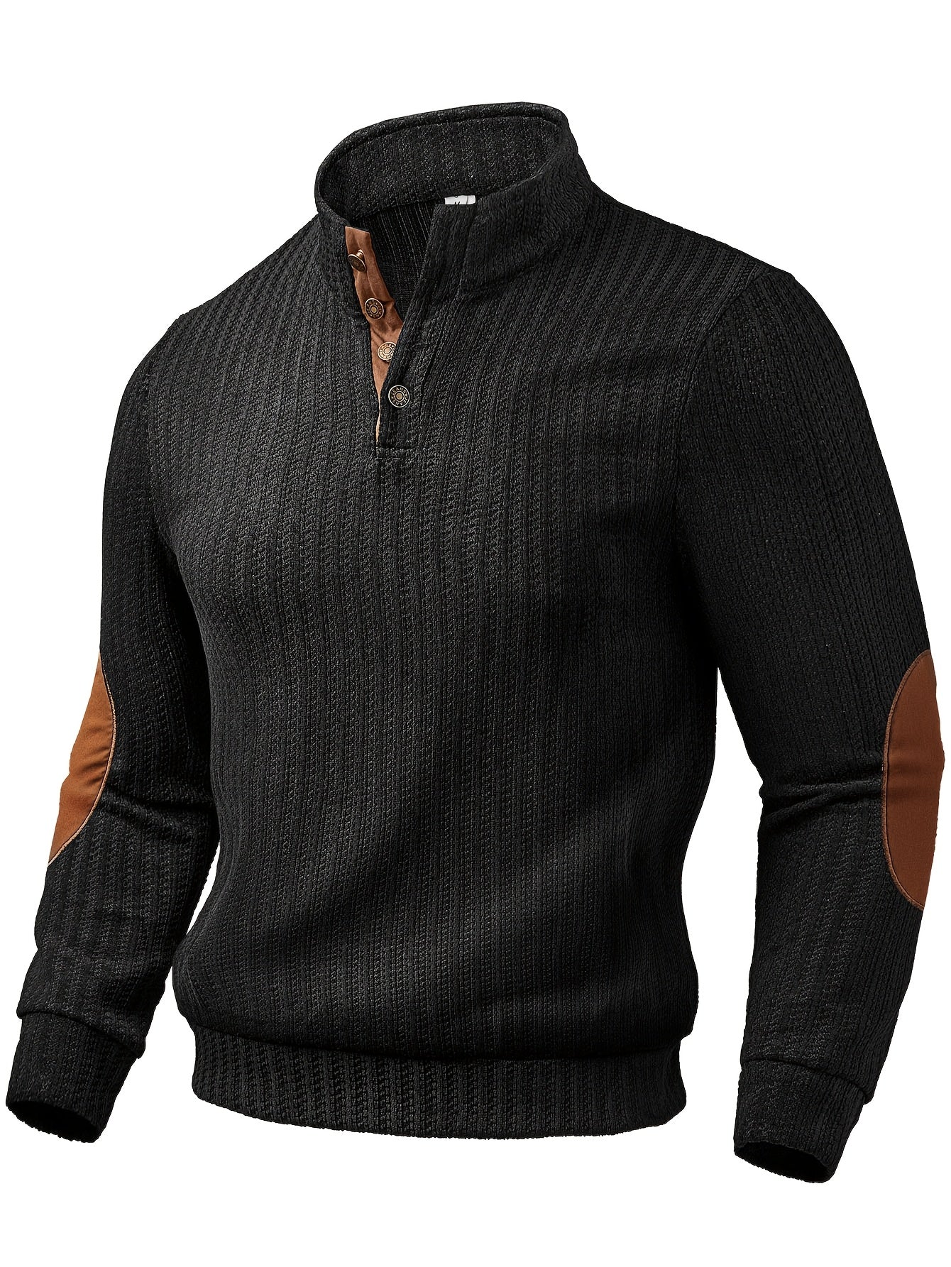 Men's turtleneck sweater with half-button closure and elbow patches, White Black