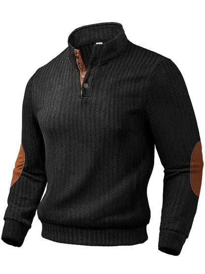 Men's turtleneck sweater with half-button closure and elbow patches, White Black