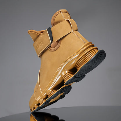 Men's black high-top sneaker boots with a red sole, laces, and Velcro closure