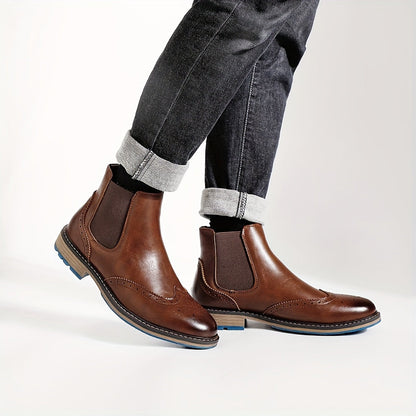 Brown Men's Chelsea Boots with Brogue Design and Elastic Inserts