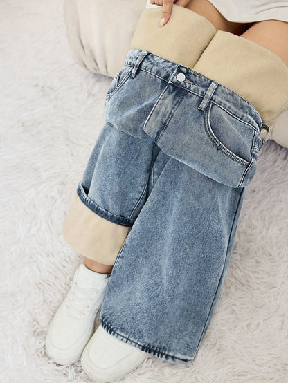 Women's wide-leg jeans with teddy lining, light blue