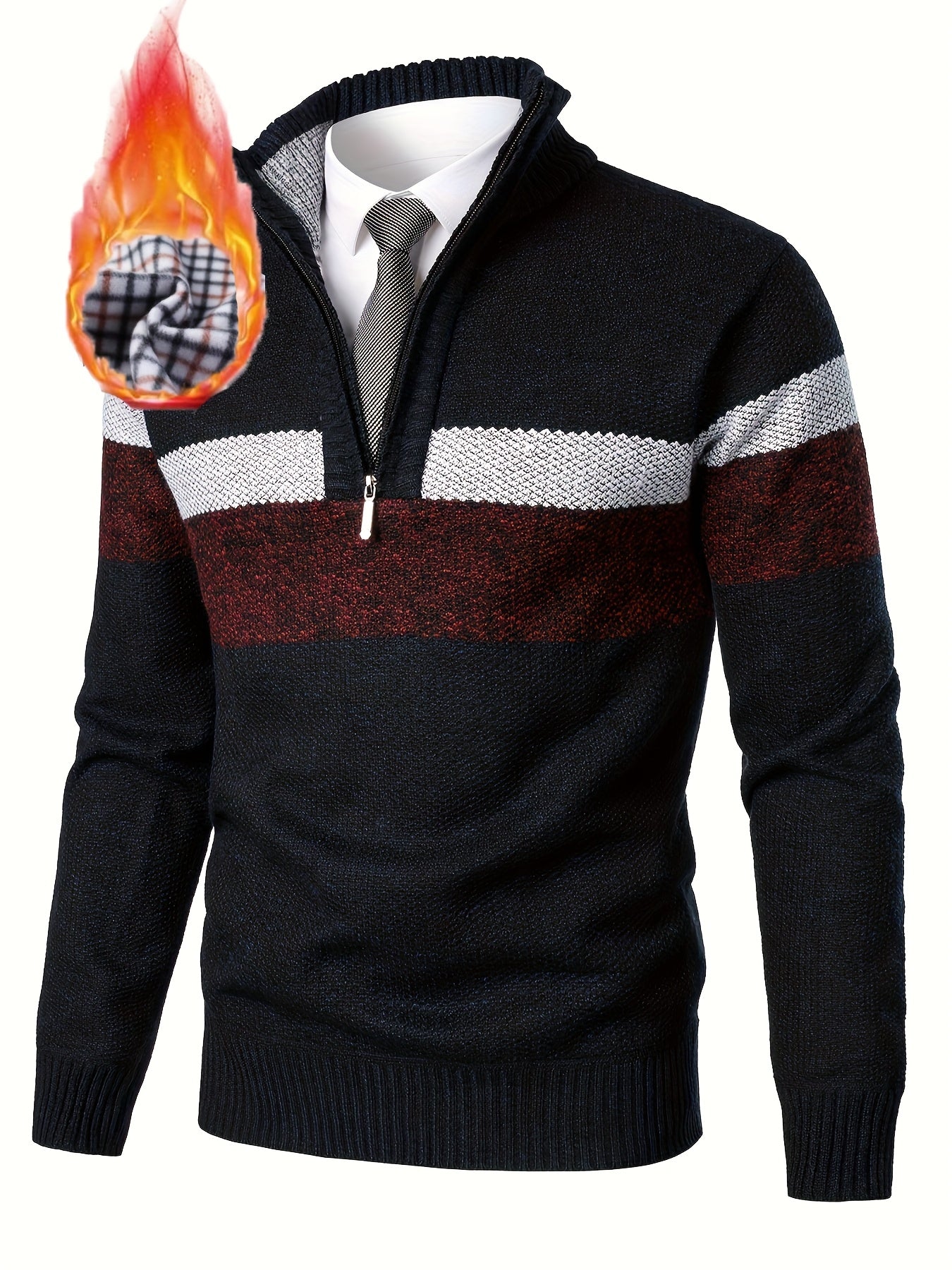 Men's knitted sweater with a stand-up collar and zipper, striped, softly lined inside