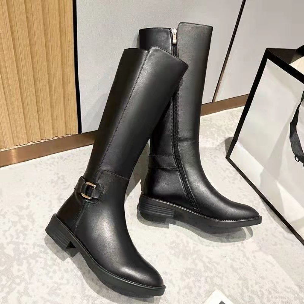 Women's knee-high black boots with buckle