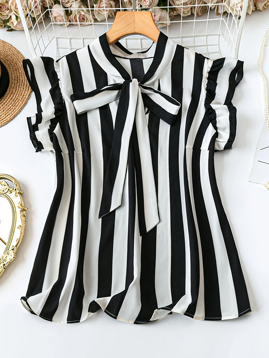Women's Elegant Striped Blouse with Bow Collar and Ruffled Sleeves – Fashionable Top for Office & Everyday Wear