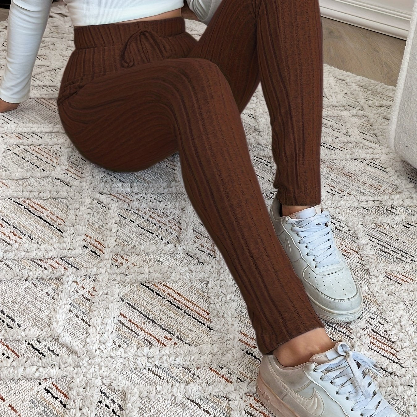 Gerippte Leggings für Damen mit hoher Taille und Kordelzug