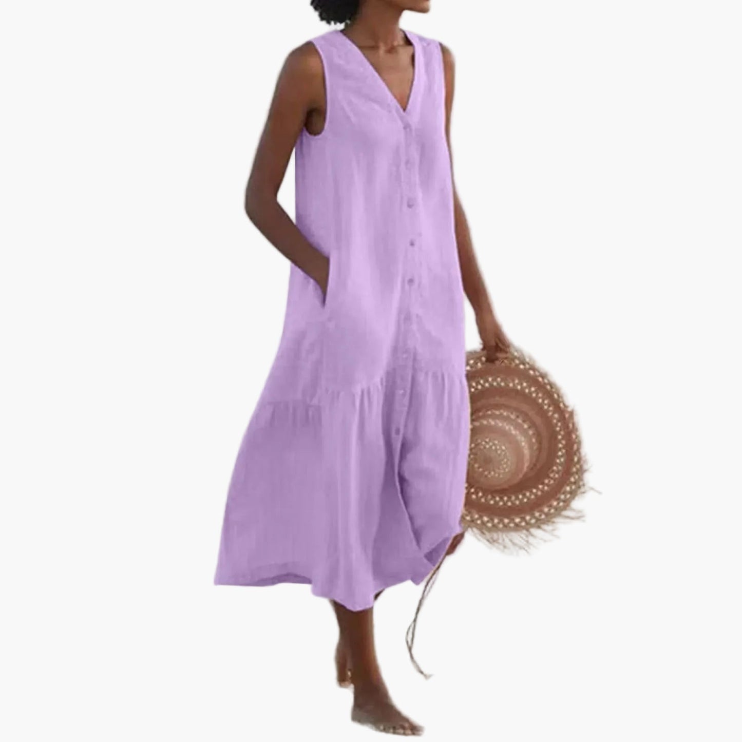 Women's summer beach dress sleeveless with V-neck and button placket – Casual leisurewear