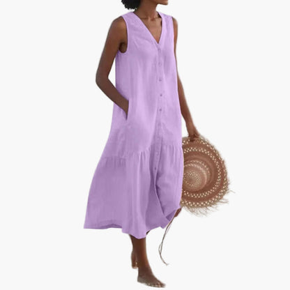 Women's summer beach dress sleeveless with V-neck and button placket – Casual leisurewear