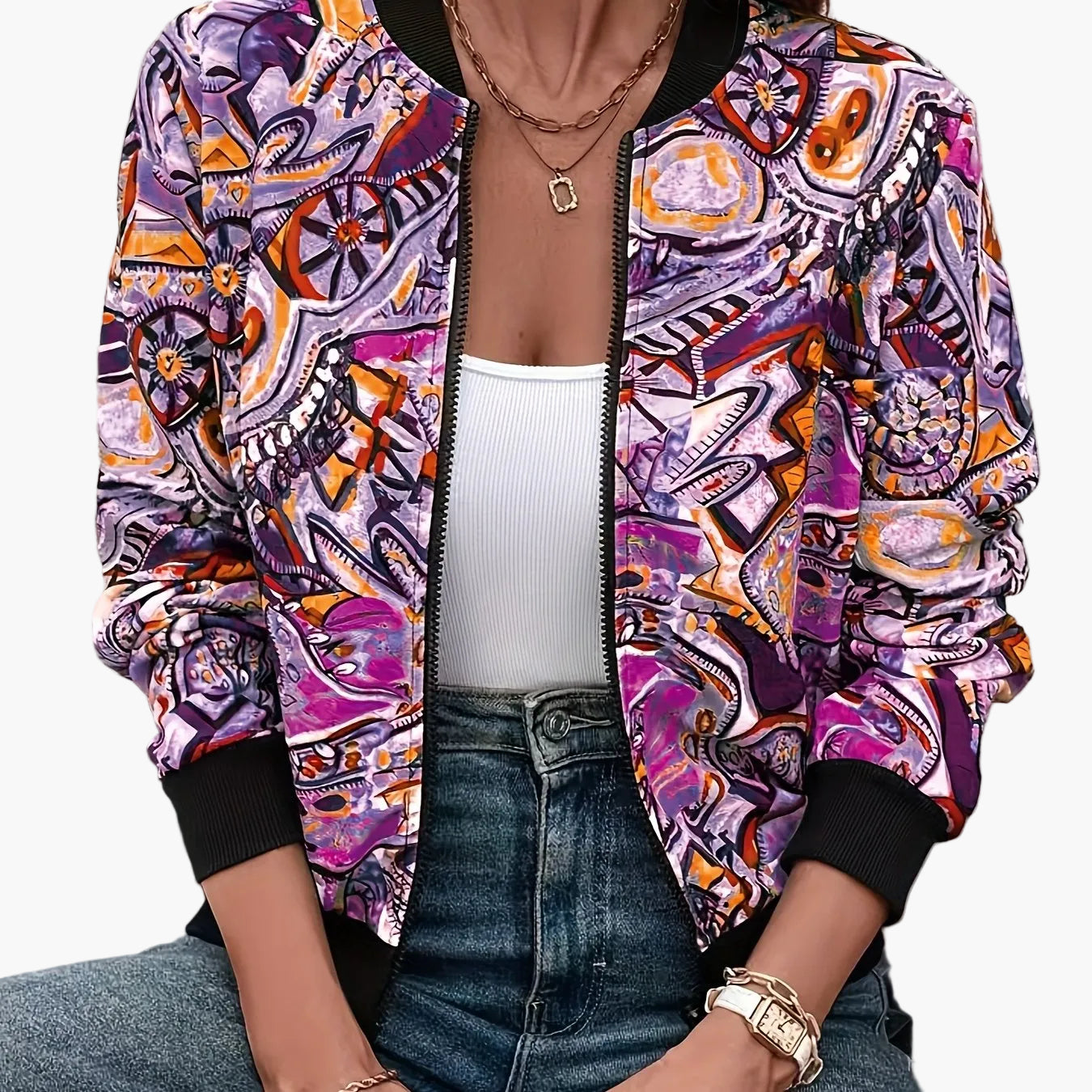 Women's bomber jacket with cartoon print for leisure and vacation