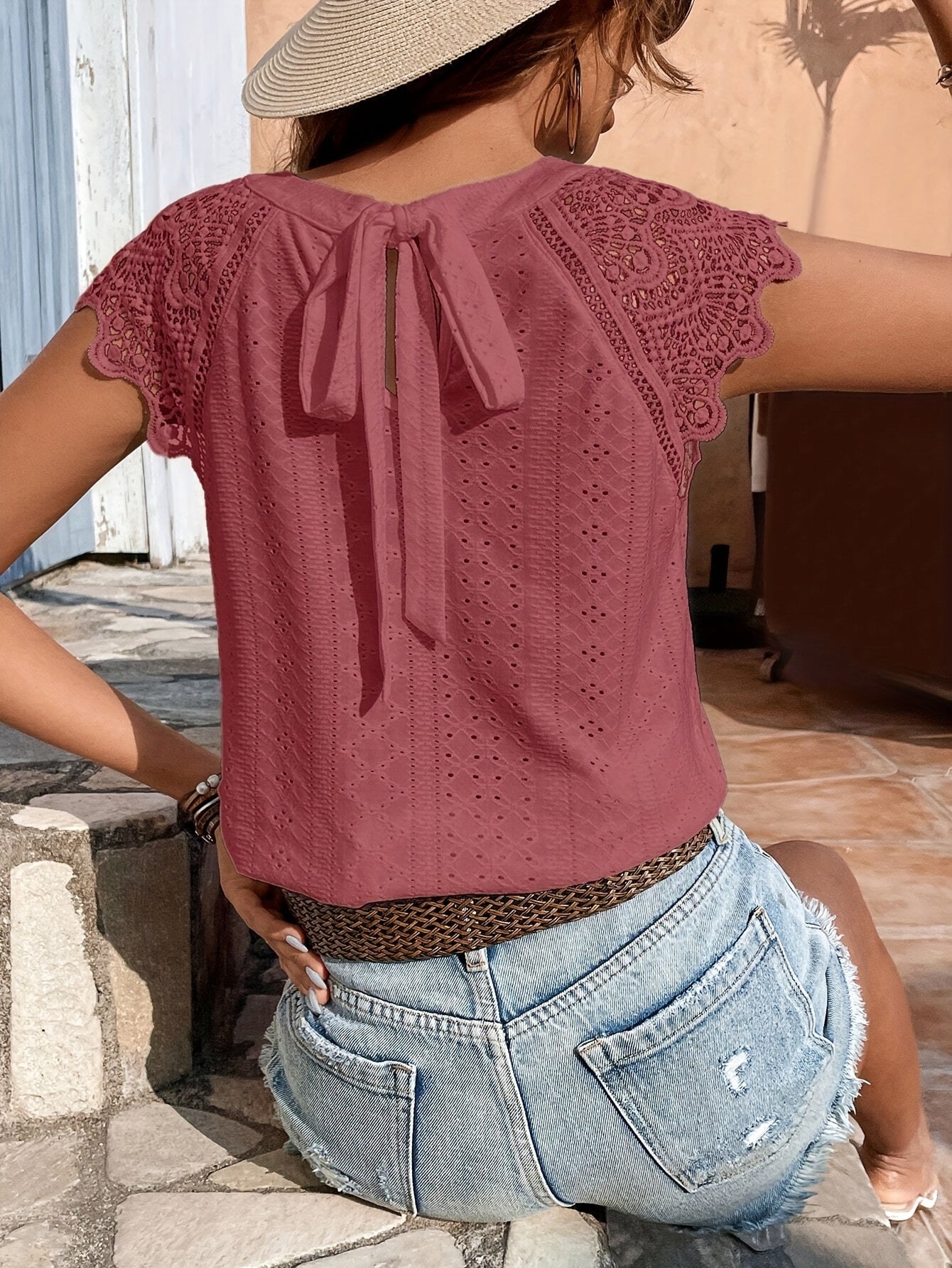 Women's lace blouse with back bow and short sleeves – summer casual boho style