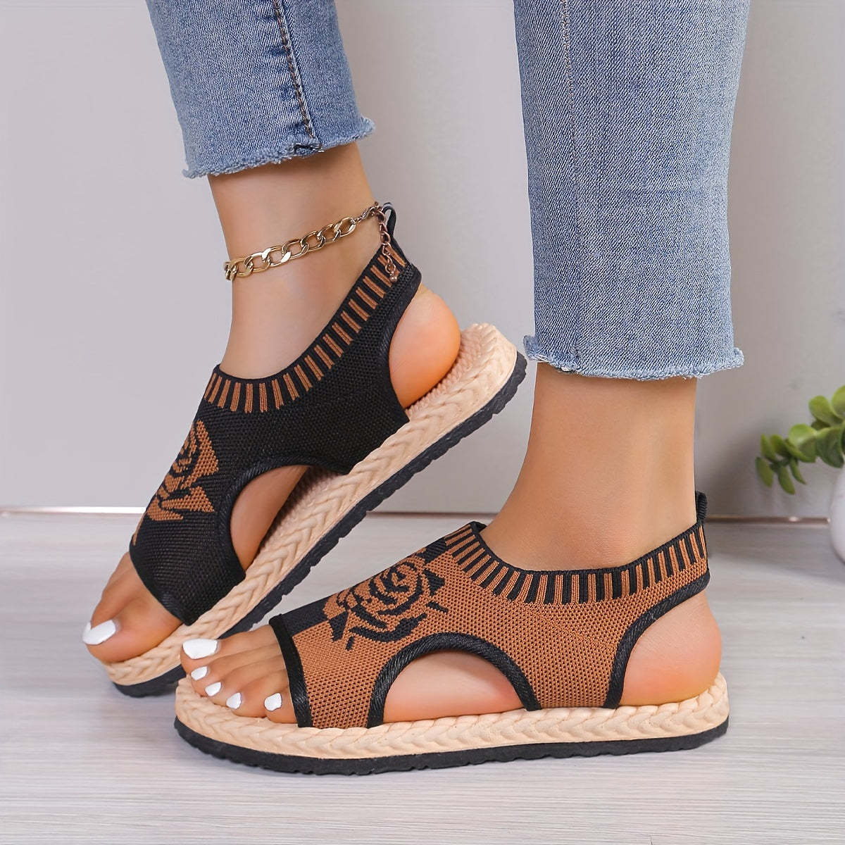 Damen Sommer-Sandalen mit Blumenmuster – Bequeme Freizeitschuhe mit offener Spitze