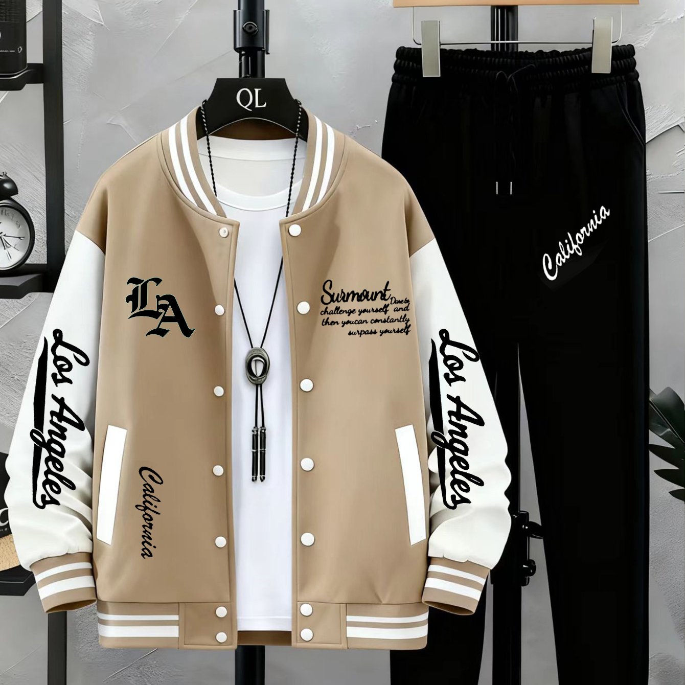 Unisex tracksuit set with baseball jacket and jogging pants, college-style streetwear