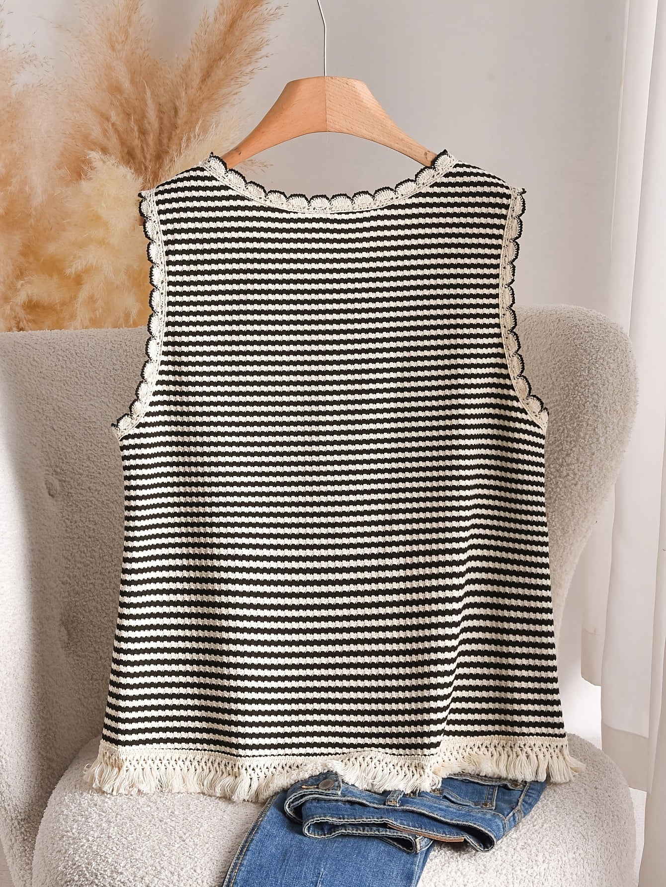 Women's Boho-Style Knit Tank Top with Stripes and Fringes – Elegant Casual Top for Spring and Summer