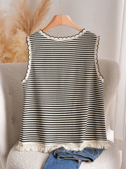 Women's Boho-Style Knit Tank Top with Stripes and Fringes – Elegant Casual Top for Spring and Summer