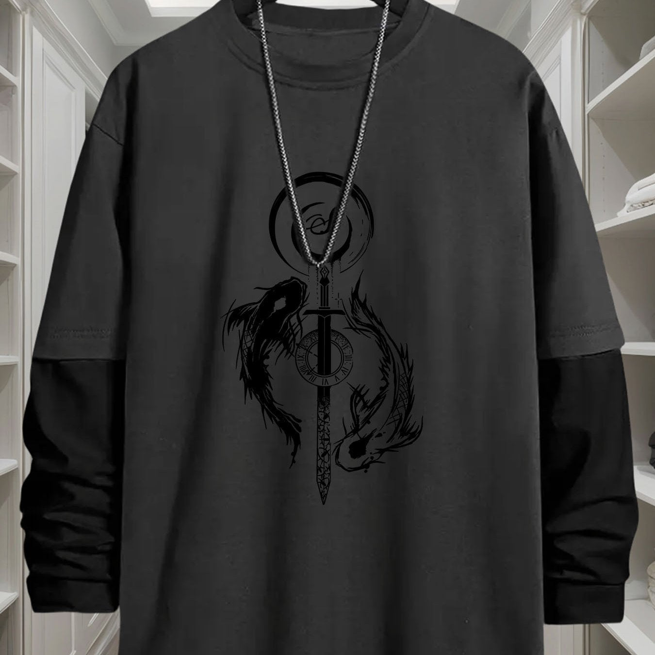 Unisex long-sleeve shirt with layered look, sword and fish graphic, black and white