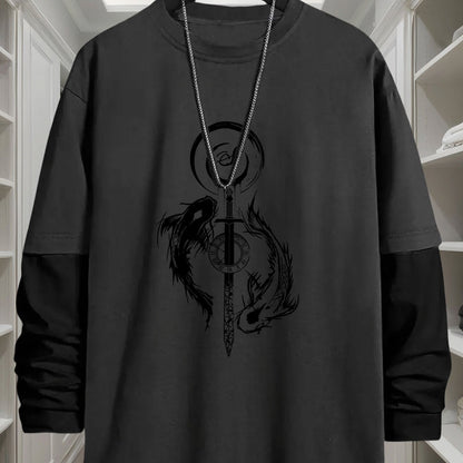 Unisex long-sleeve shirt with layered look, sword and fish graphic, black and white