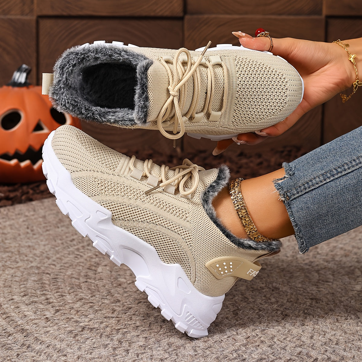 Damen Sneaker mit Strick-Obermaterial und Futter in Pelz-Optik Rot