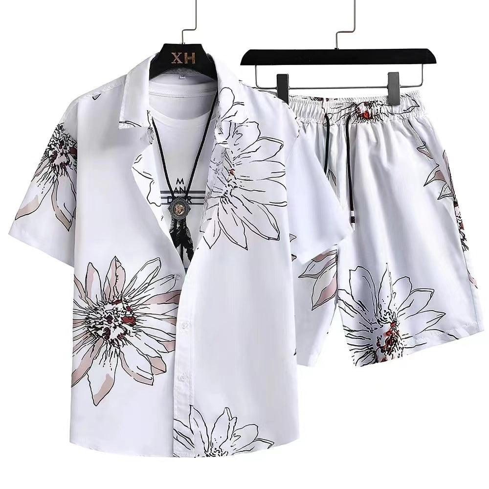 Men's Summer Casual Two-Piece with Abstract Print – Fashionable Short-Sleeve Shirt & Shorts Set for Vacation and Everyday Wear
