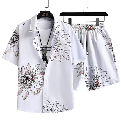 Men's Summer Casual Two-Piece with Abstract Print – Fashionable Short-Sleeve Shirt & Shorts Set for Vacation and Everyday Wear