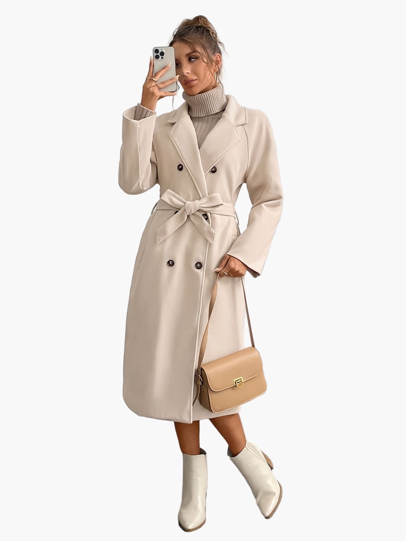 Women's Elegant Winter Coat with Belt and Pockets – Long Double-Breasted Transitional Coat for Autumn and Winter