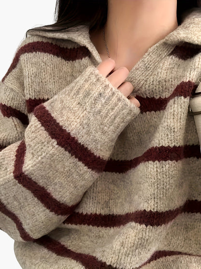 Women's knitted sweater with stripe pattern and polo collar – Elegant autumn/winter casual look