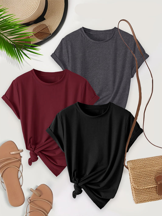 Women's Basic T-Shirt 3-Pack – Casual Crew Neck Shirts with Knot Detail, Short Sleeve, Everyday & Leisure