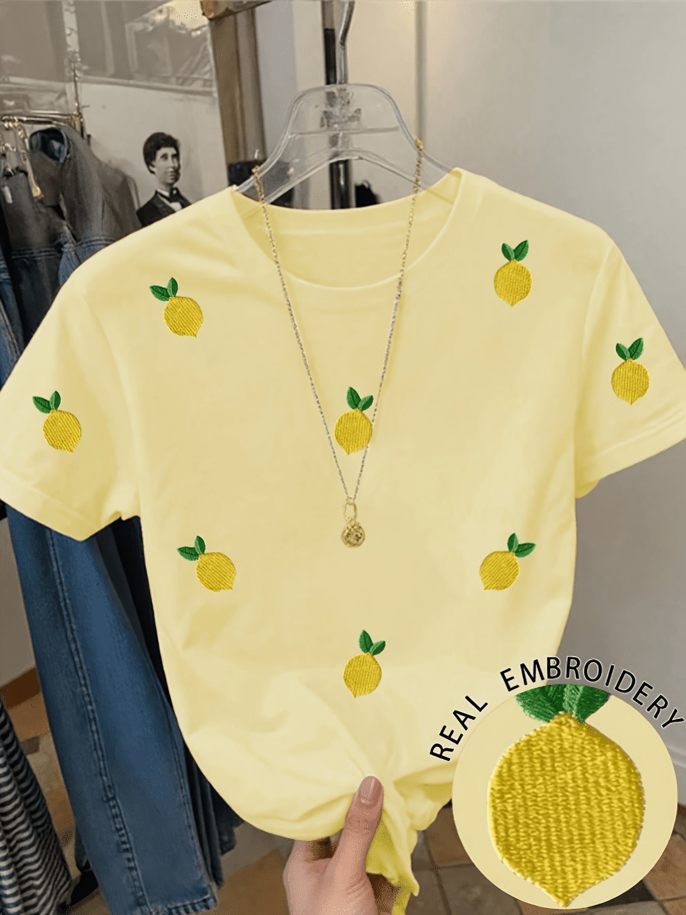 Women's T-shirt with Lemon Embroidery and Summery Fruit Design, Casual Style