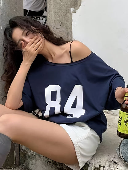 Damen Oversize Streetwear T-Shirt mit Nummernprint im Varsity-Stil – Lässiges Retro-Shirt für Freizeit und Alltag