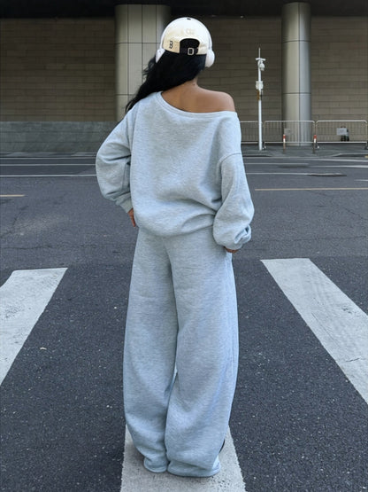 Gray women's tracksuit, wide-leg, “NYC” print, oversized fit