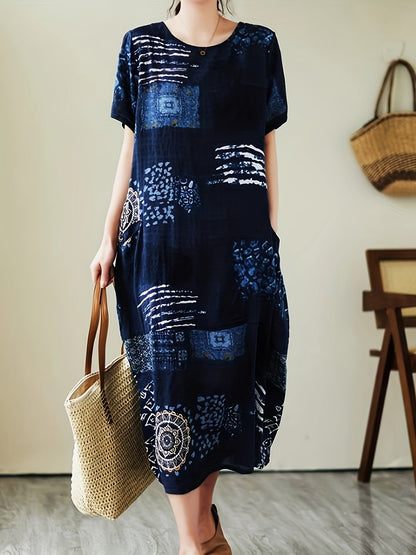 Women's casual dress with geometric print and relaxed fit – short sleeves, casual, ideal for everyday and office use