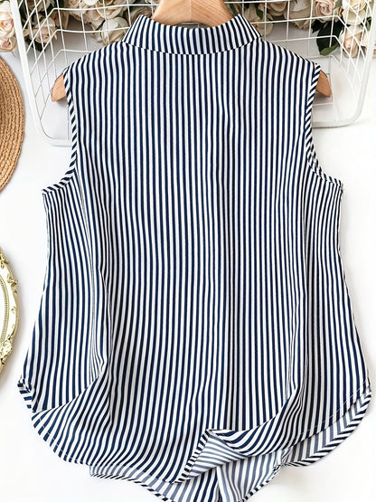 Damen ärmellose gestreifte Bluse im eleganten Polo-Stil für Büro und Freizeit