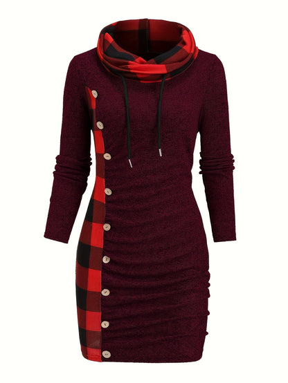 Damen Pulloverkleid mit Rollkragen, kariertem Einsatz & Knöpfen, Langarm, tailliert