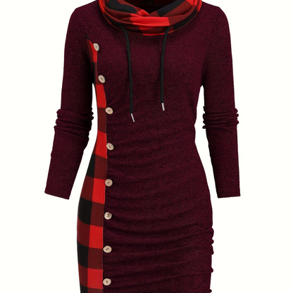 Damen Pulloverkleid mit Rollkragen, kariertem Einsatz & Knöpfen, Langarm, tailliert