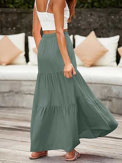 Women's Maxi Tiered Skirt with Drawstring – Boho Summer Casual Skirt for Everyday & Vacation