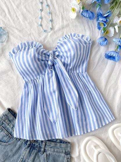 Women's bandeau crop top with bow front and ruffles – summer street style