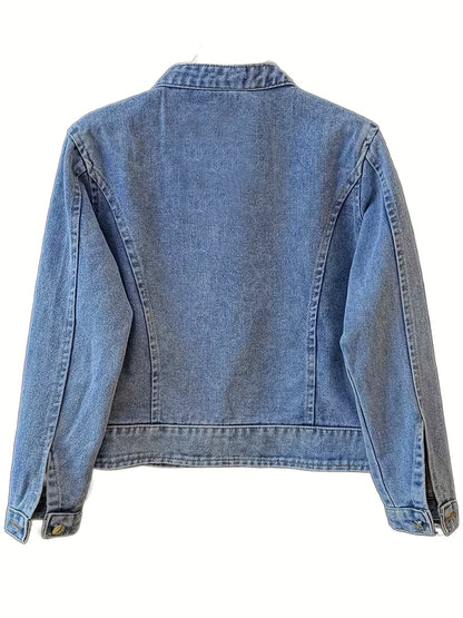 Women's denim jacket with stand-up collar, frog closures, and embroidery
