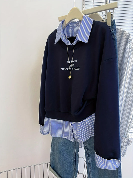 Damen Layering-Sweatshirt mit Hemdeinsatz, Baumwollmischung, Langarm
