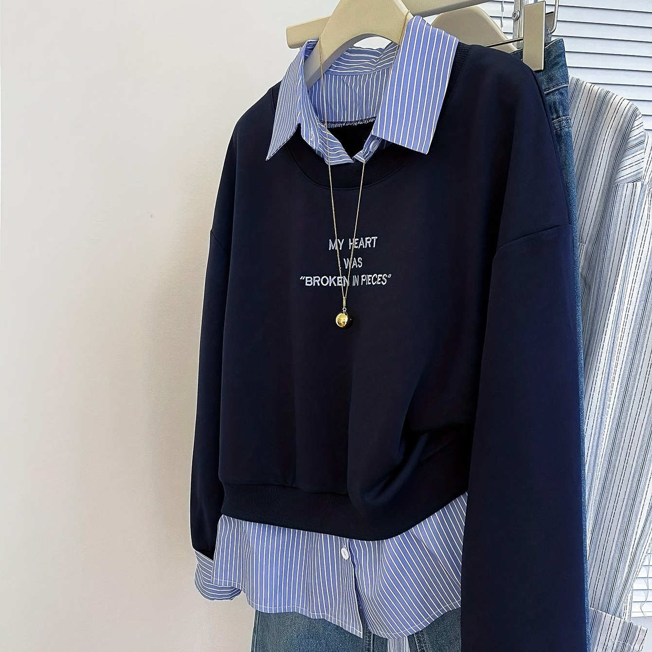 Damen Layering-Sweatshirt mit Hemdeinsatz, Baumwollmischung, Langarm
