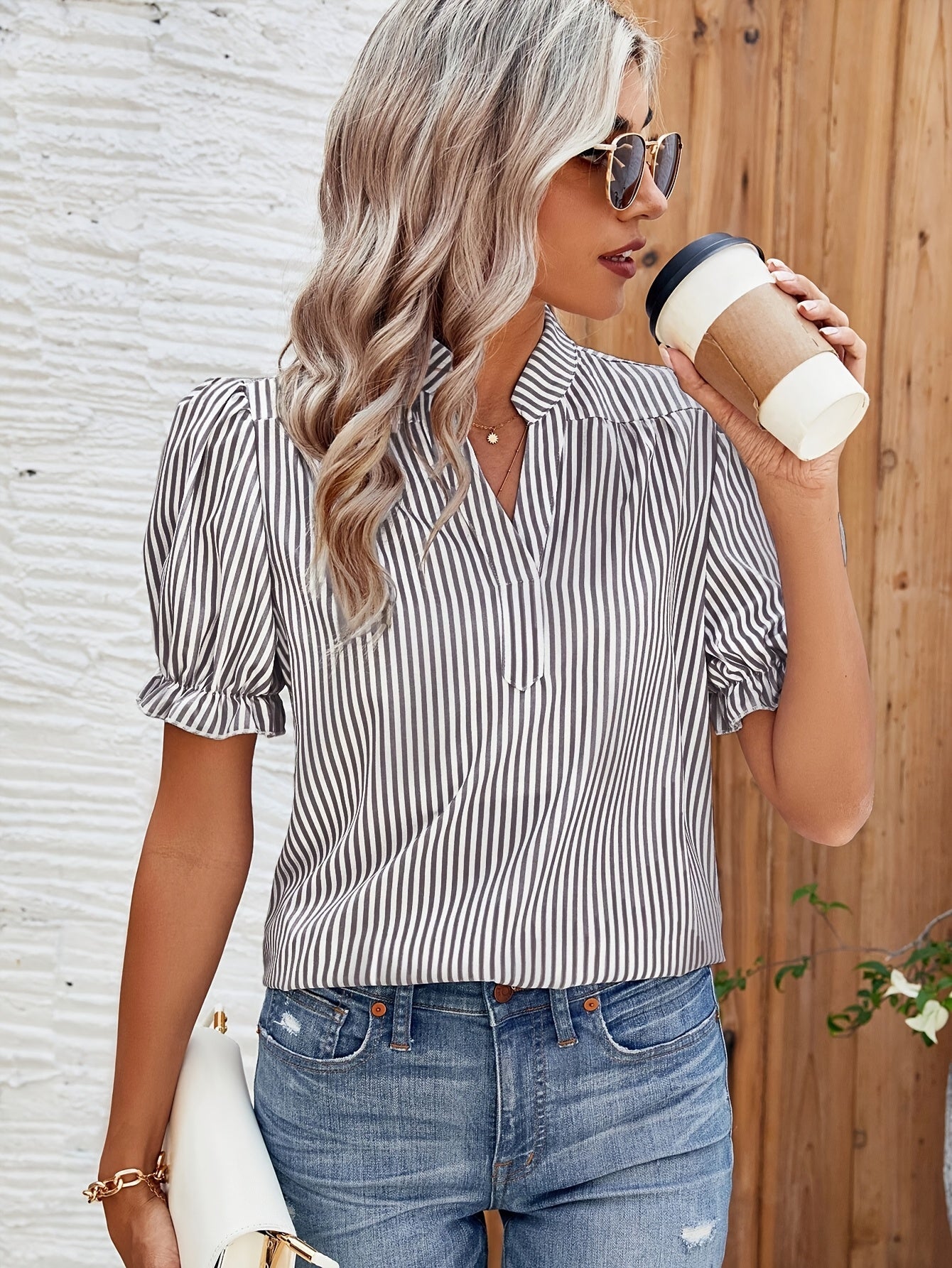 Women's blouse with stand-up collar and puff sleeves – Striped casual shirt for spring and summer