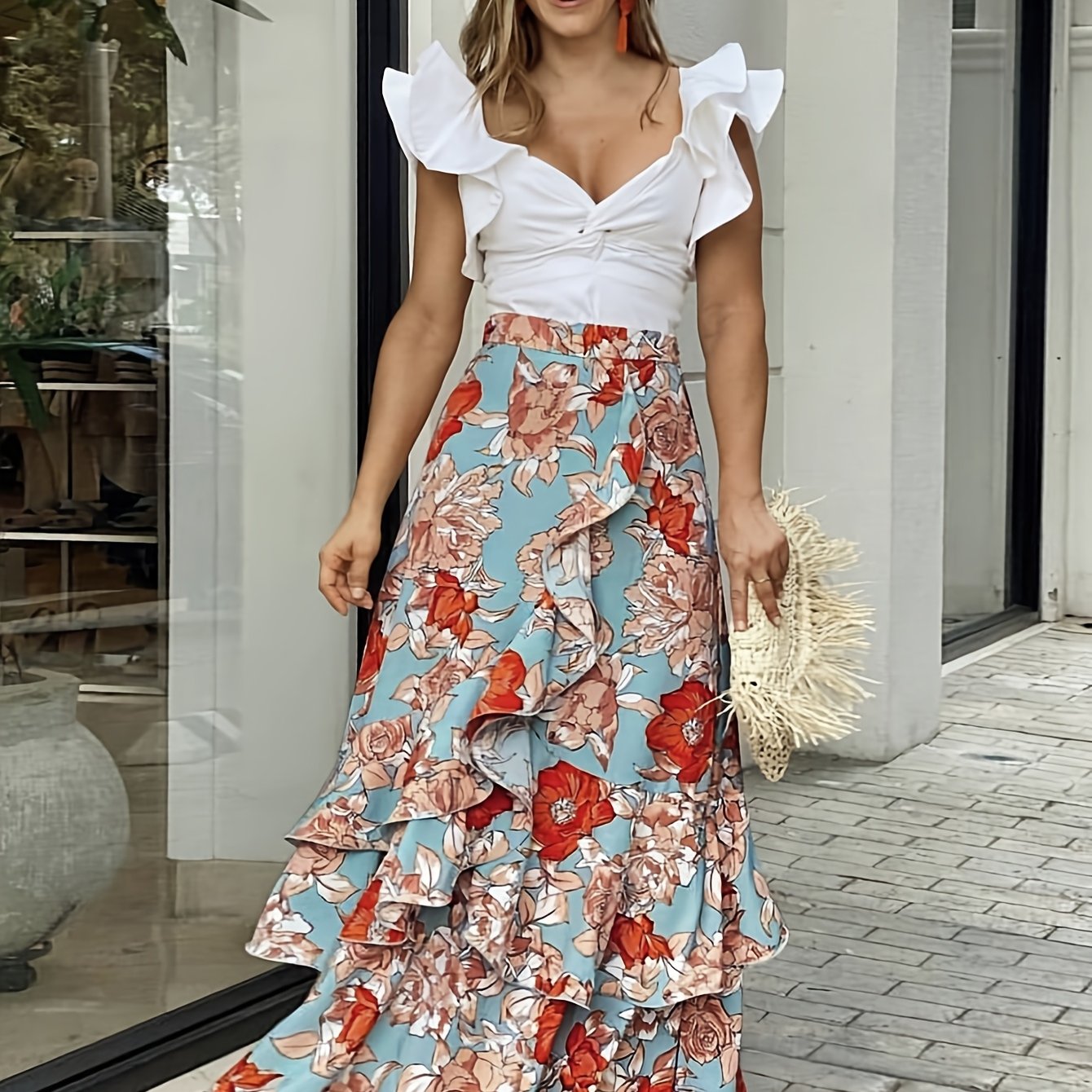 Women's maxi skirt with ruffle and floral pattern – Elegant wrap skirt for summer and leisure