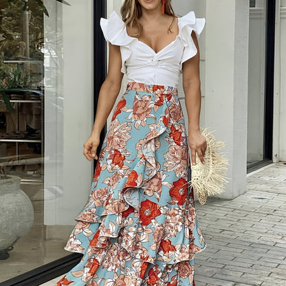 Women's maxi skirt with ruffle and floral pattern – Elegant wrap skirt for summer and leisure
