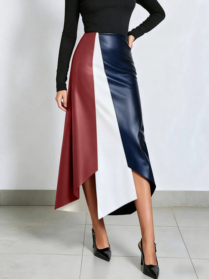 Color-block midi skirt with an asymmetrical faux-leather hem