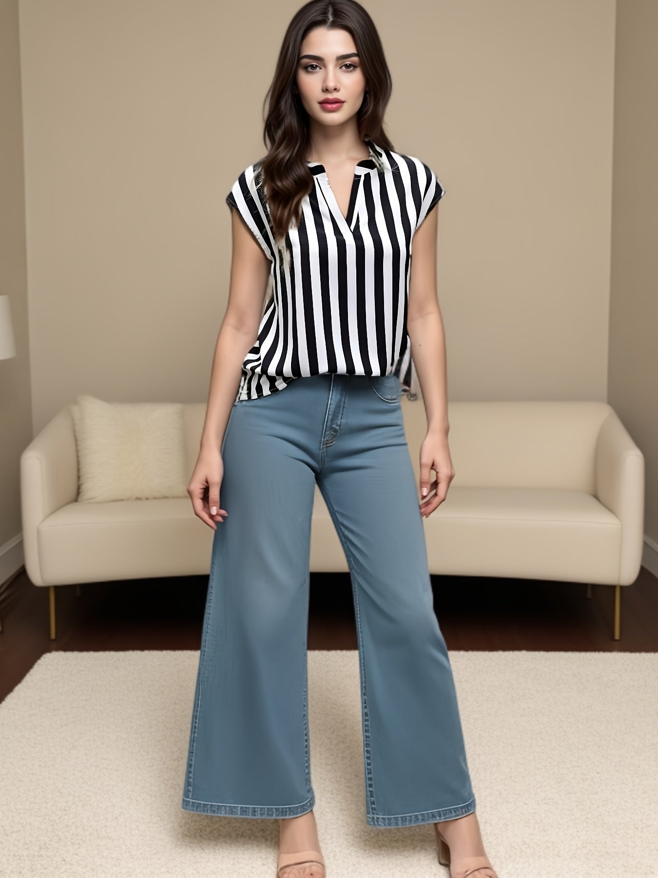 Women's Wide-Leg Jeans with Striped Blouse – Fashionable Casual Look