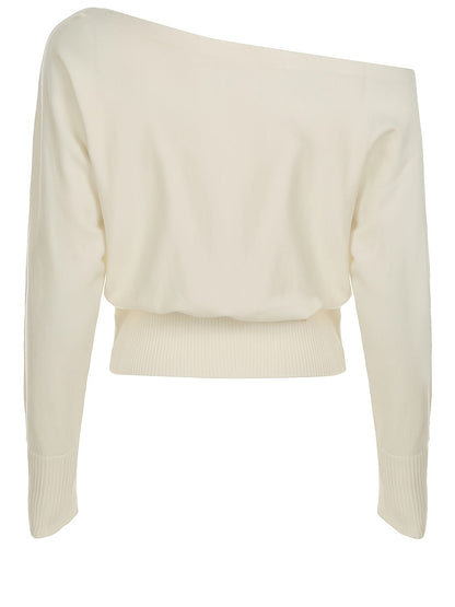 Women's off-the-shoulder knitted sweater with wide sleeves, white