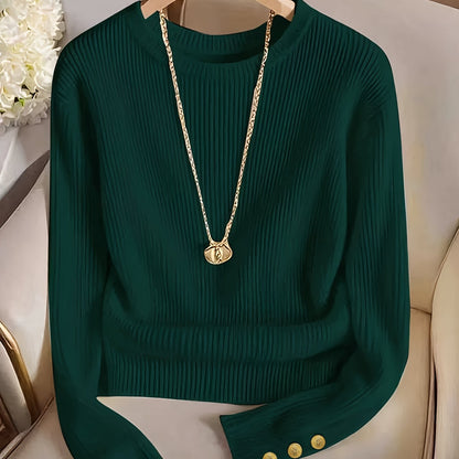 Women's rib-knit long-sleeve crew-neck sweater with buttons