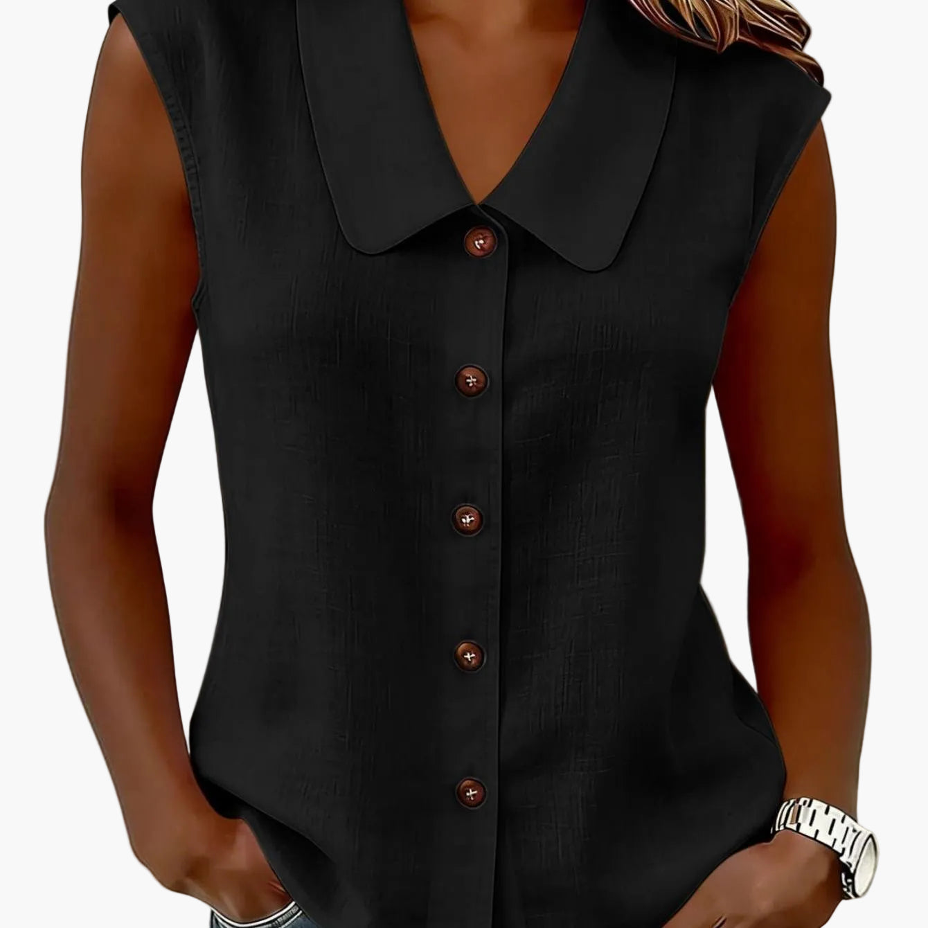 Women's sleeveless blouse with button placket and wide collar – Elegant casual wear